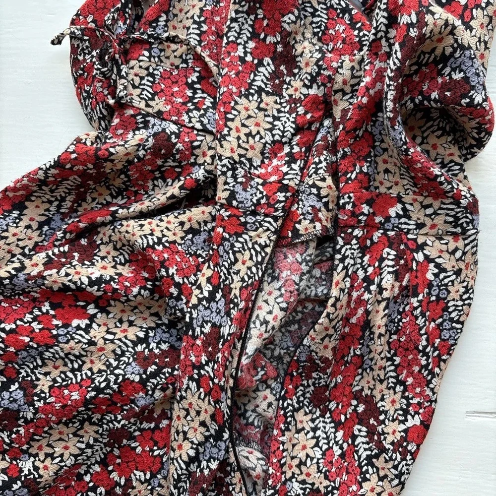 Free People Floral Mini‎ Dress Women M Boho Red Cutout Twist Front Tie Sleeve